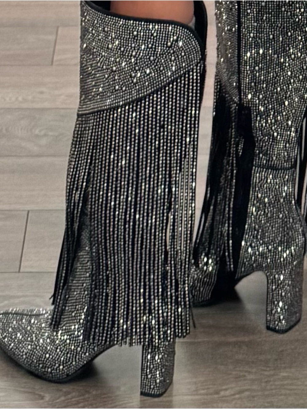 Glamorous Black Heeled Boots with Fringe and Glitter